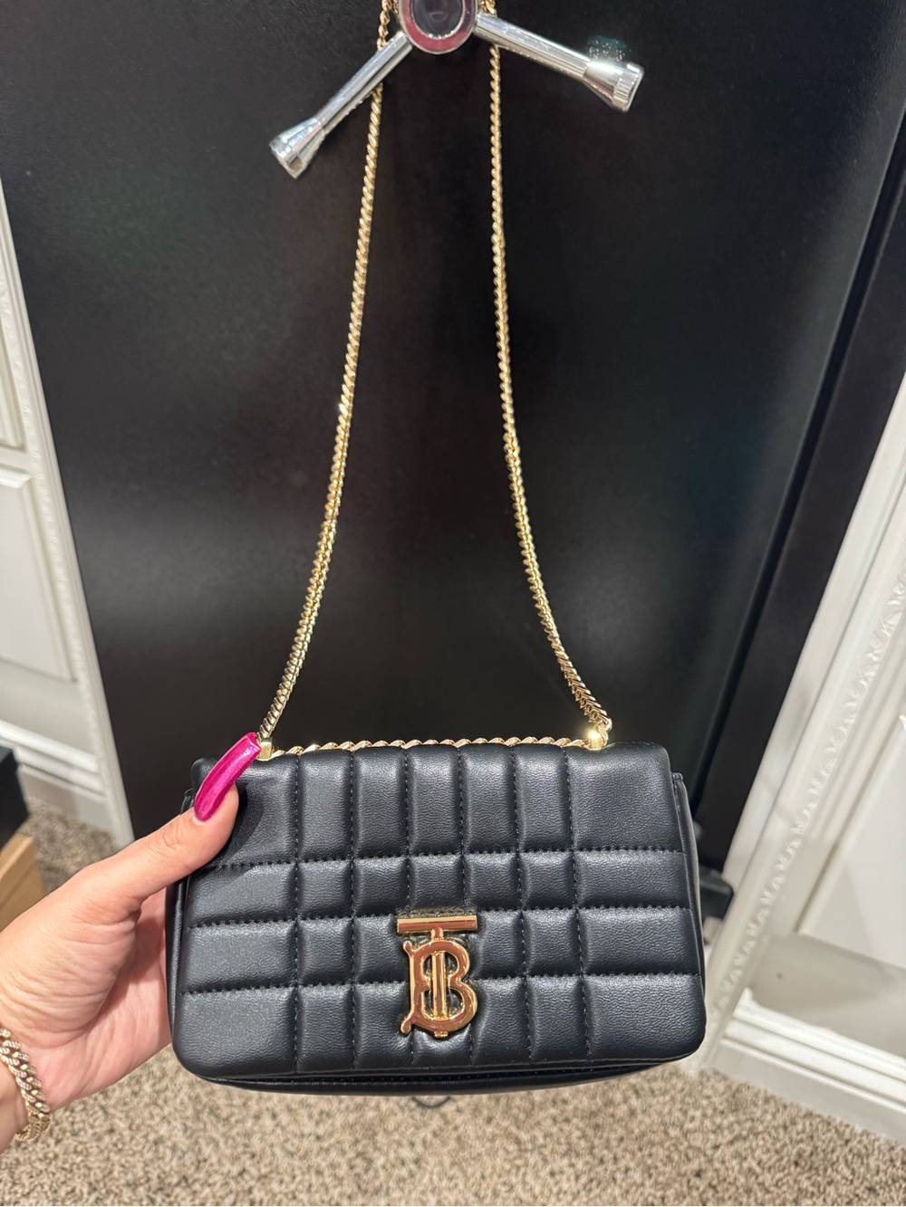 Burberry Black Quilted Leather Shoulder Bag with Gold TB Hardware